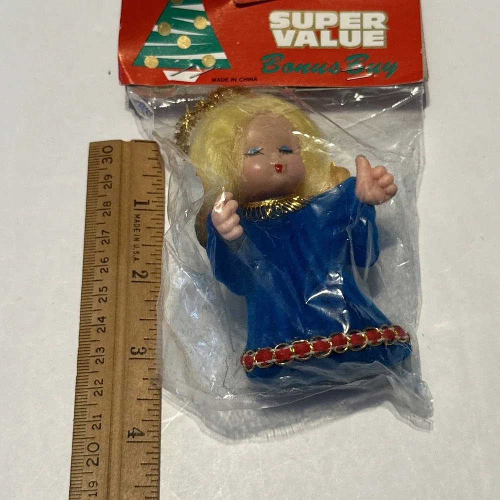 VTG BRADFORD AMES BLONDE Kissing ANGEL BLUE ORNAMENT‎ PLASTIC TINSEL HALO NOS